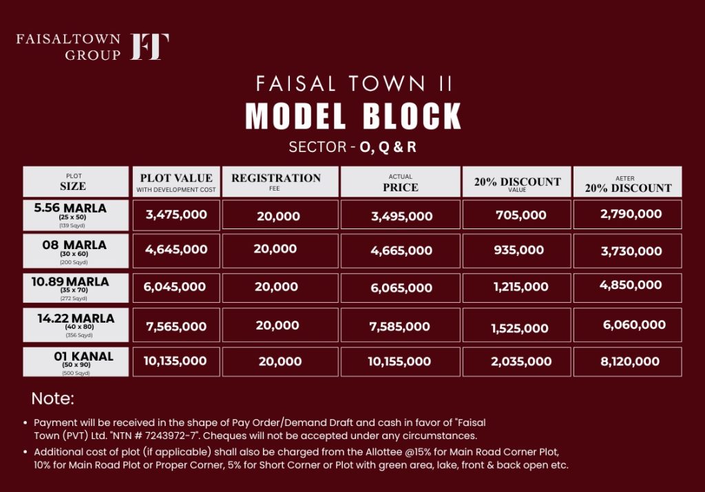 Faisal Town Phase 2 General Block Payment Plan